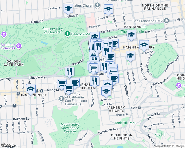 map of restaurants, bars, coffee shops, grocery stores, and more near 512 Frederick Street in San Francisco