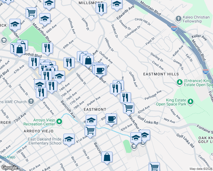 map of restaurants, bars, coffee shops, grocery stores, and more near 7706 MacArthur Boulevard in Oakland