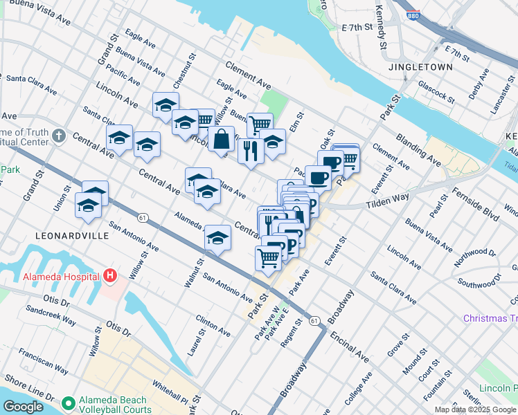 map of restaurants, bars, coffee shops, grocery stores, and more near 2229 Santa Clara Avenue in Alameda
