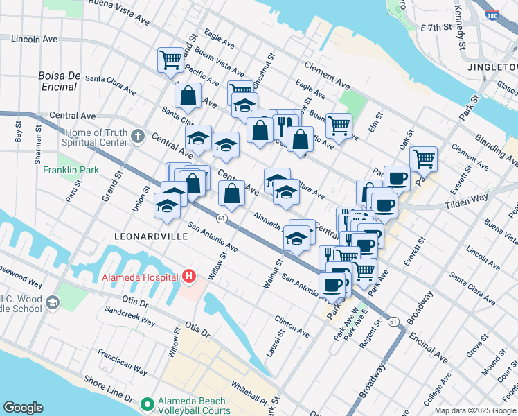 map of restaurants, bars, coffee shops, grocery stores, and more near 2068 Central Avenue in Alameda