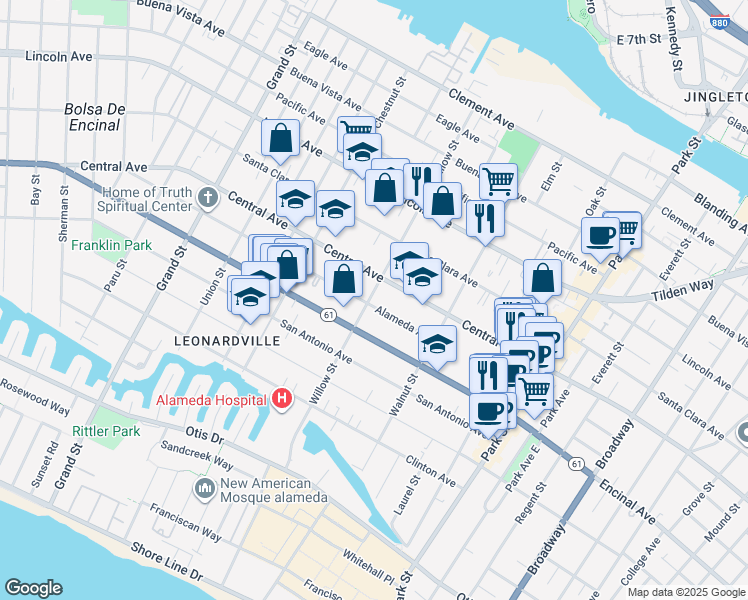 map of restaurants, bars, coffee shops, grocery stores, and more near 2068 Central Avenue in Alameda