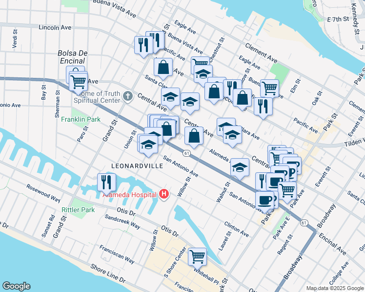 map of restaurants, bars, coffee shops, grocery stores, and more near 2016 Alameda Avenue in Alameda