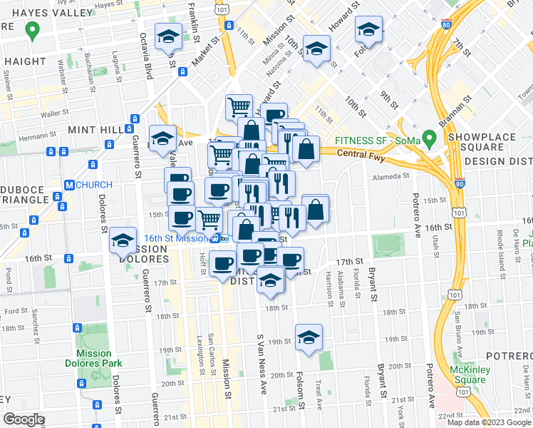 map of restaurants, bars, coffee shops, grocery stores, and more near 99 Shotwell Street in San Francisco