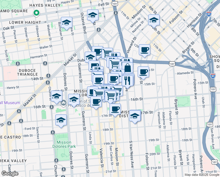 map of restaurants, bars, coffee shops, grocery stores, and more near in San Francisco