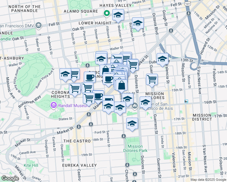 map of restaurants, bars, coffee shops, grocery stores, and more near 2124-2126 Market Street in San Francisco