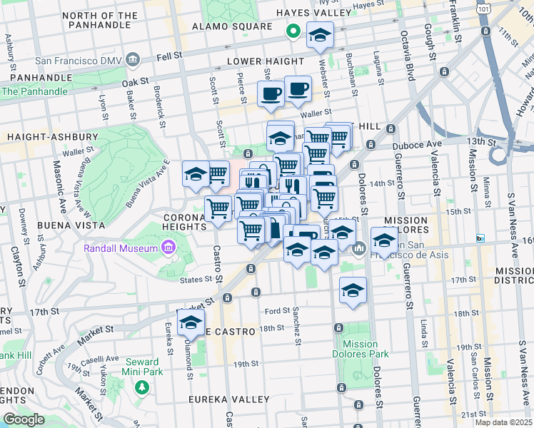 map of restaurants, bars, coffee shops, grocery stores, and more near 129 Noe Street in San Francisco