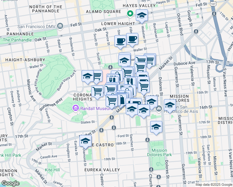 map of restaurants, bars, coffee shops, grocery stores, and more near 129 Noe Street in San Francisco