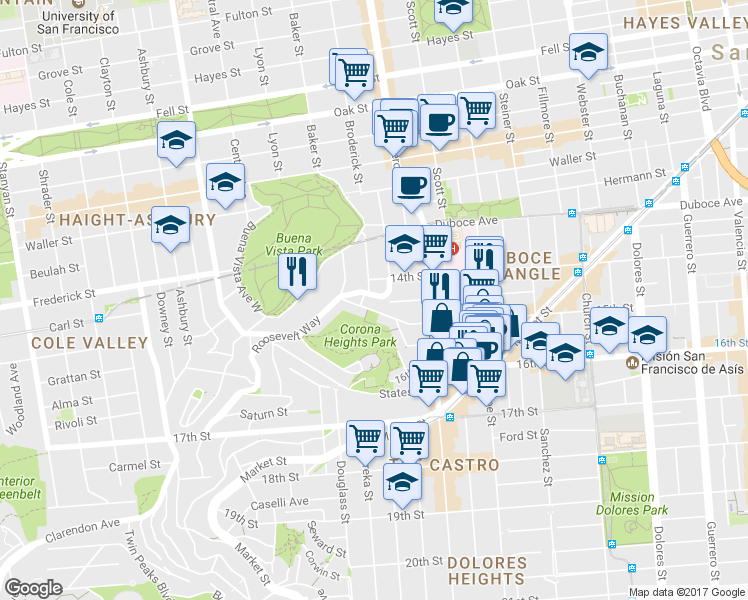 map of restaurants, bars, coffee shops, grocery stores, and more near 1073 14th Street in San Francisco