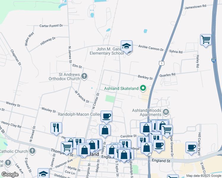 map of restaurants, bars, coffee shops, grocery stores, and more near 600 Henry Street in Ashland