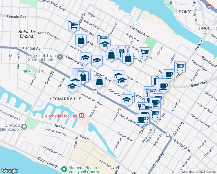 map of restaurants, bars, coffee shops, grocery stores, and more near 2101 Alameda Avenue in Alameda