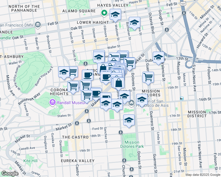 map of restaurants, bars, coffee shops, grocery stores, and more near 2124-2126 Market Street in San Francisco