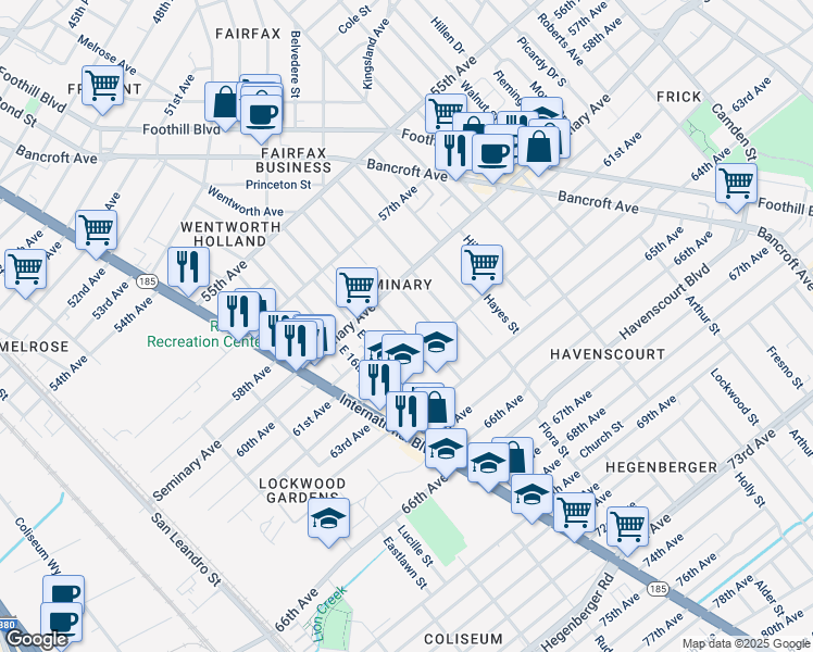 map of restaurants, bars, coffee shops, grocery stores, and more near 5966 Bromley Avenue in Oakland