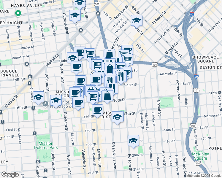 map of restaurants, bars, coffee shops, grocery stores, and more near 1500 15th Street in San Francisco
