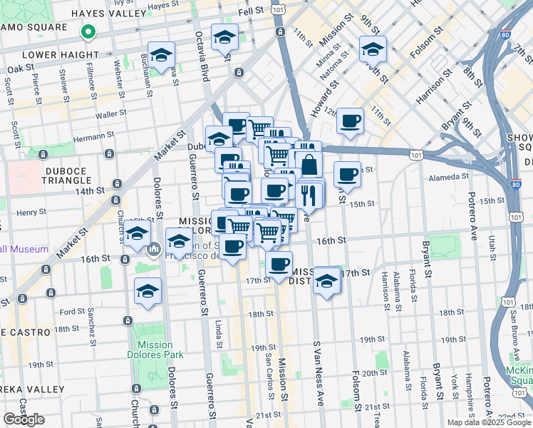 map of restaurants, bars, coffee shops, grocery stores, and more near in San Francisco
