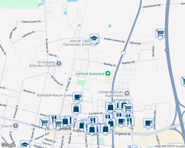 map of restaurants, bars, coffee shops, grocery stores, and more near 610 Old Station Street in Ashland