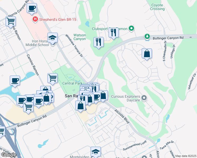 map of restaurants, bars, coffee shops, grocery stores, and more near 410 Canyon Woods Place in San Ramon