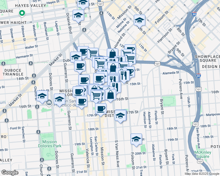 map of restaurants, bars, coffee shops, grocery stores, and more near 1515 15th Street in San Francisco