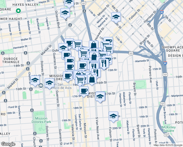 map of restaurants, bars, coffee shops, grocery stores, and more near 1500 15th Street in San Francisco