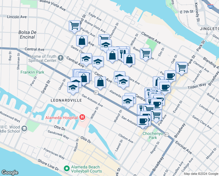 map of restaurants, bars, coffee shops, grocery stores, and more near 2101 Alameda Avenue in Alameda