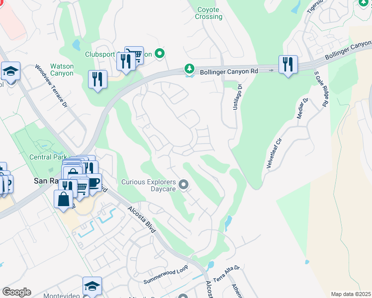 map of restaurants, bars, coffee shops, grocery stores, and more near 205 Majorca Drive in San Ramon