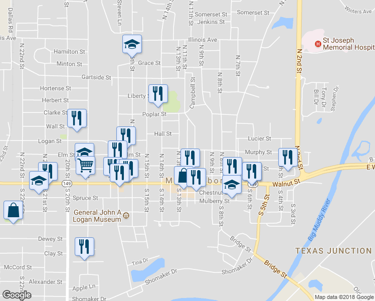 map of restaurants, bars, coffee shops, grocery stores, and more near 298 North 12th Street in Murphysboro