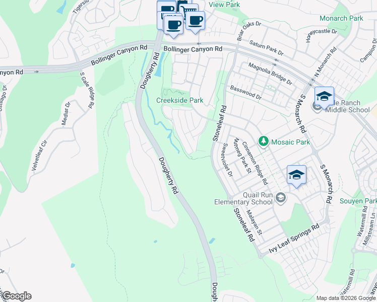 map of restaurants, bars, coffee shops, grocery stores, and more near 173 Lucy Lane in San Ramon