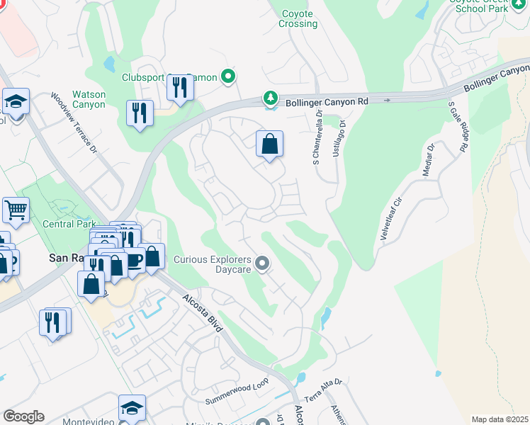 map of restaurants, bars, coffee shops, grocery stores, and more near 205 Majorca Drive in San Ramon