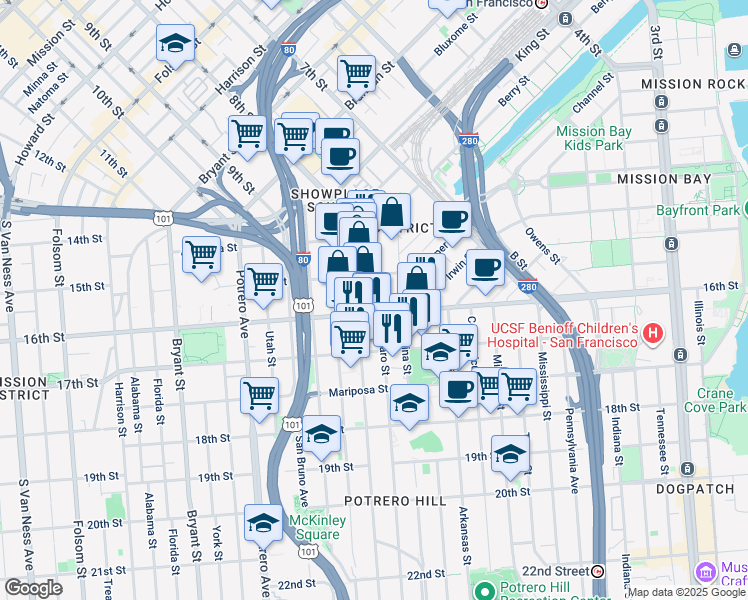 map of restaurants, bars, coffee shops, grocery stores, and more near 13 De Haro Street in San Francisco