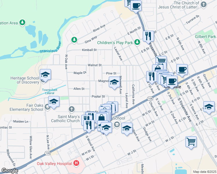 map of restaurants, bars, coffee shops, grocery stores, and more near 739 Magnolia Street in Oakdale