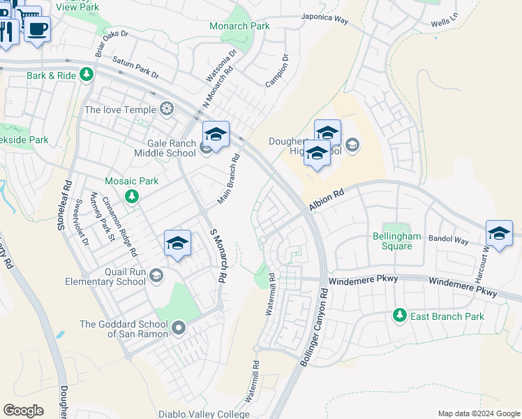 map of restaurants, bars, coffee shops, grocery stores, and more near 2210 Joree Lane in San Ramon