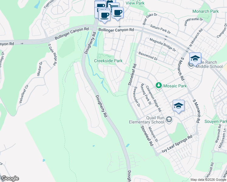 map of restaurants, bars, coffee shops, grocery stores, and more near 193 Lucy Lane in San Ramon