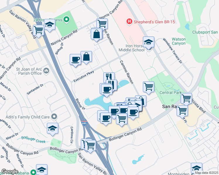 map of restaurants, bars, coffee shops, grocery stores, and more near 2600 Camino Ramon in San Ramon