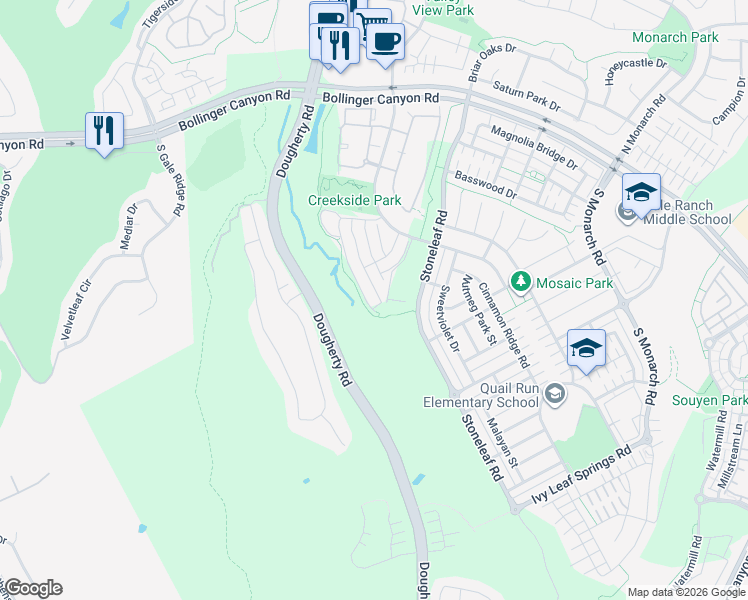 map of restaurants, bars, coffee shops, grocery stores, and more near 193 Lucy Lane in San Ramon