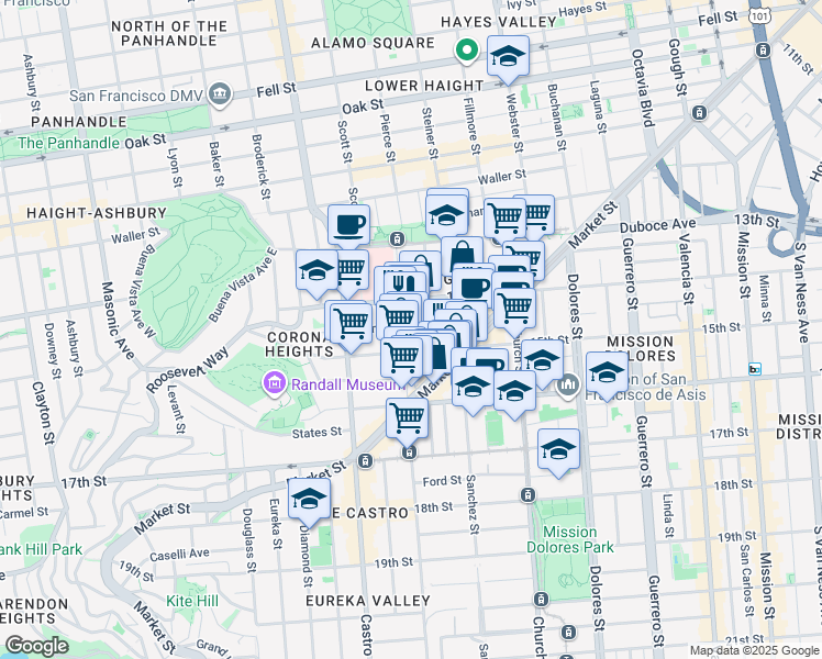 map of restaurants, bars, coffee shops, grocery stores, and more near 129 Noe Street in San Francisco
