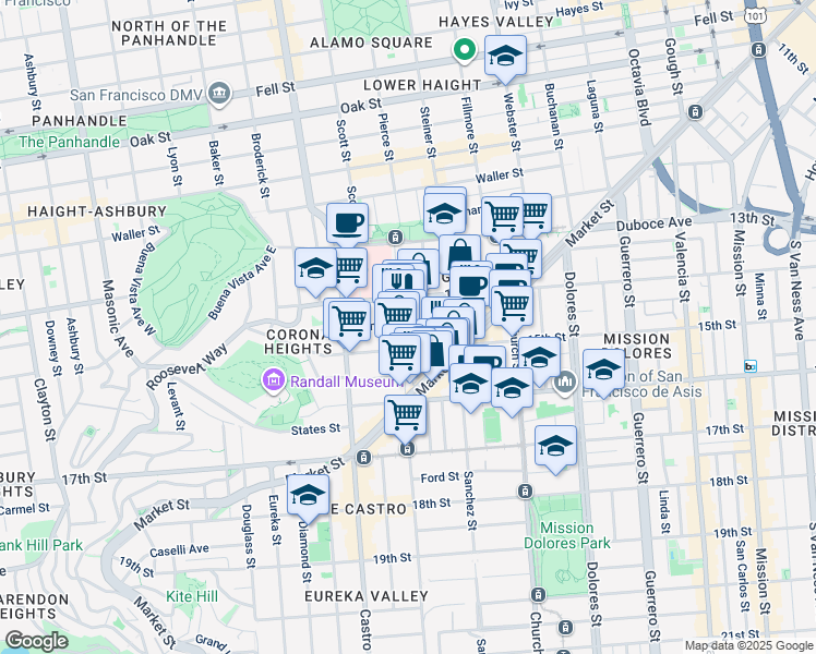 map of restaurants, bars, coffee shops, grocery stores, and more near 129 Noe Street in San Francisco