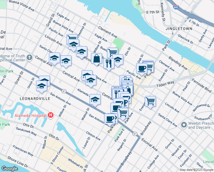 map of restaurants, bars, coffee shops, grocery stores, and more near 2229 Santa Clara Avenue in Alameda
