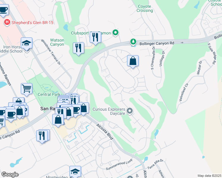 map of restaurants, bars, coffee shops, grocery stores, and more near 412 Pine Ridge Drive in San Ramon