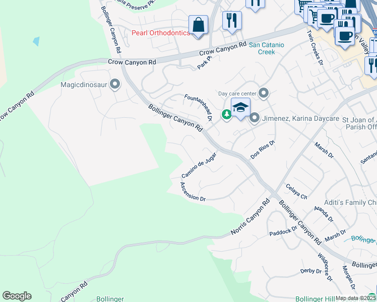 map of restaurants, bars, coffee shops, grocery stores, and more near 2778 Camino Venadillo in San Ramon