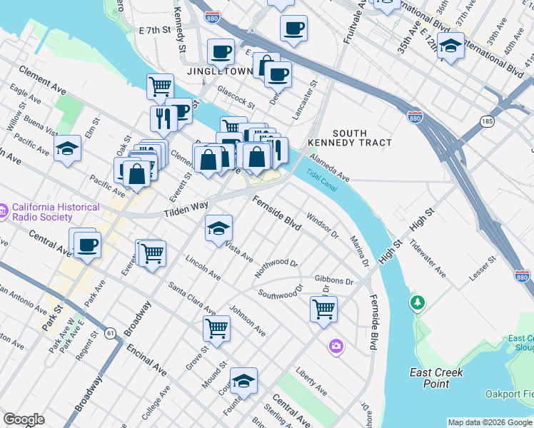 map of restaurants, bars, coffee shops, grocery stores, and more near in Alameda
