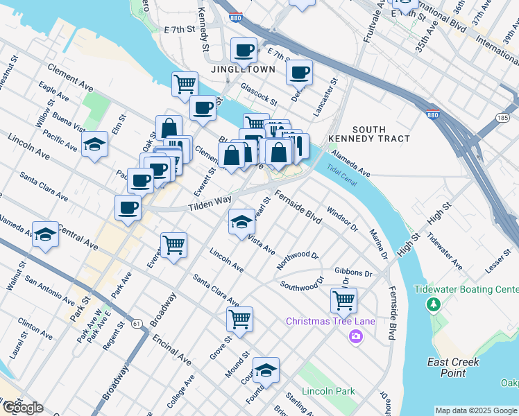 map of restaurants, bars, coffee shops, grocery stores, and more near 1815 Pearl Street in Alameda