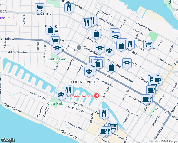 map of restaurants, bars, coffee shops, grocery stores, and more near 1821 San Antonio Avenue in Alameda