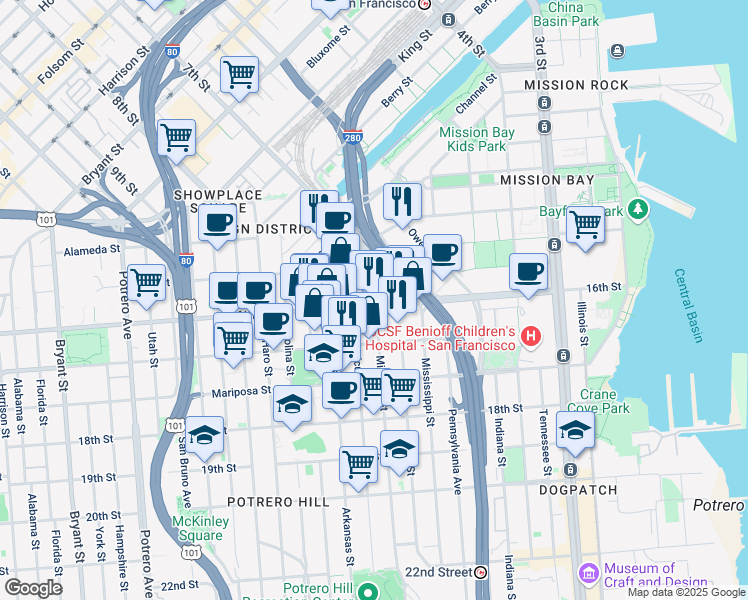 map of restaurants, bars, coffee shops, grocery stores, and more near 1050 16th Street in San Francisco