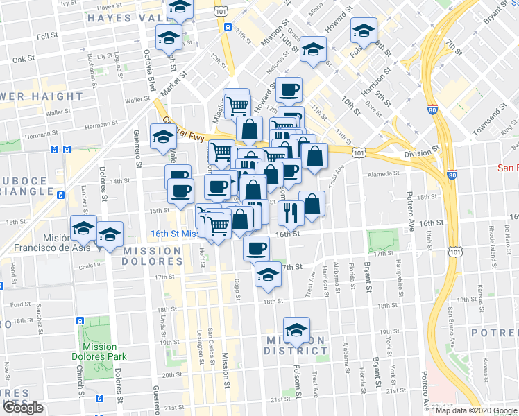map of restaurants, bars, coffee shops, grocery stores, and more near 99 Shotwell Street in San Francisco