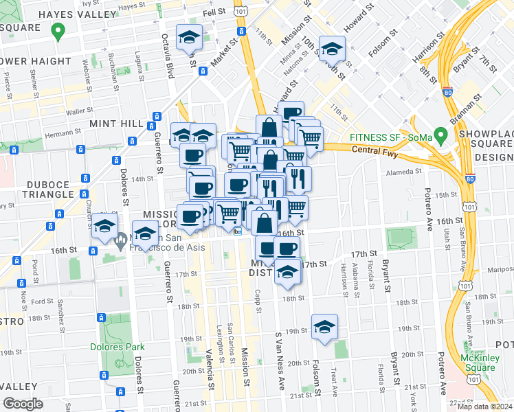 map of restaurants, bars, coffee shops, grocery stores, and more near 1500 15th Street in San Francisco