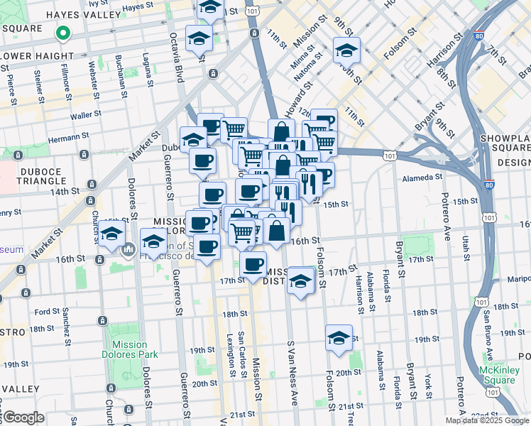 map of restaurants, bars, coffee shops, grocery stores, and more near 1500 15th Street in San Francisco