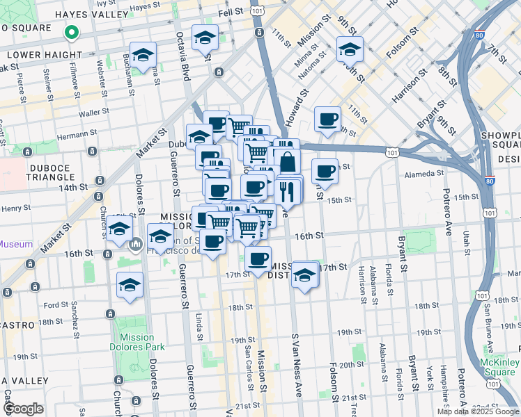 map of restaurants, bars, coffee shops, grocery stores, and more near in San Francisco