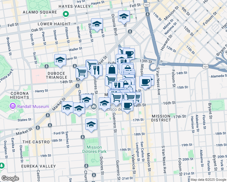 map of restaurants, bars, coffee shops, grocery stores, and more near 269 Guerrero Street in San Francisco