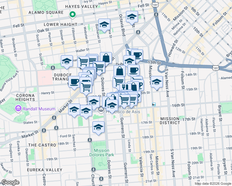 map of restaurants, bars, coffee shops, grocery stores, and more near 66 Ramona Avenue in San Francisco