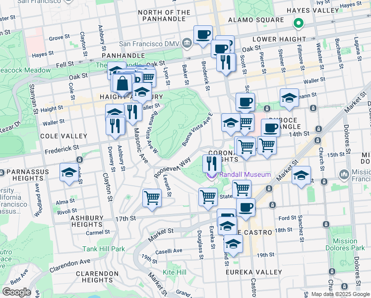 map of restaurants, bars, coffee shops, grocery stores, and more near 355 Buena Vista Avenue East in San Francisco