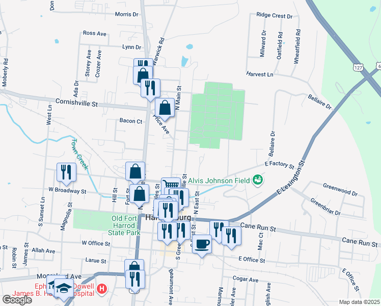 map of restaurants, bars, coffee shops, grocery stores, and more near 411 North Greenville Street in Harrodsburg